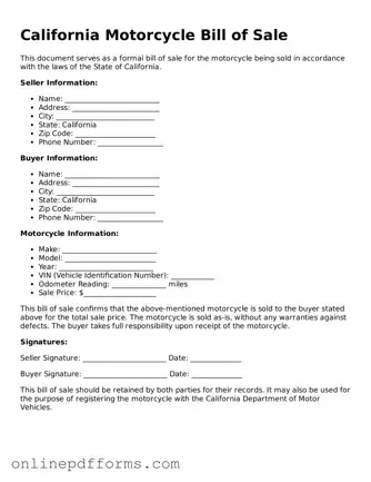 Blank California Motorcycle Bill of Sale Form