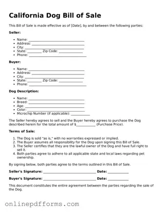 Blank California Dog Bill of Sale Form