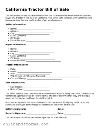 Blank California Tractor Bill of Sale Form