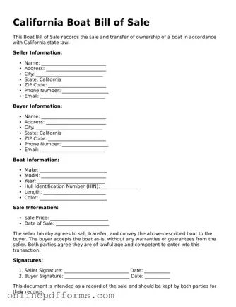 Blank California Boat Bill of Sale Form