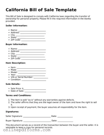 Blank California Bill of Sale Form