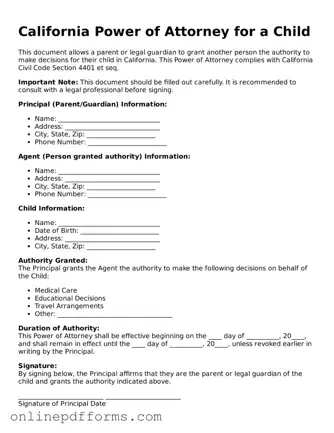 Blank California Power of Attorney for a Child Form