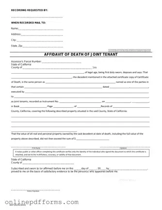 Fill in Your California Death of a Joint Tenant Affidavit Template