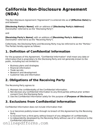 Blank California Non-disclosure Agreement Form