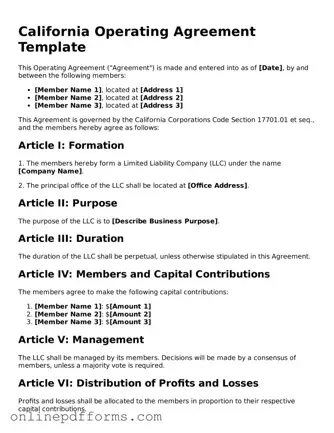 Blank California Operating Agreement Form