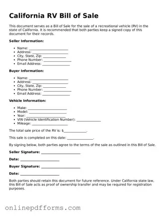 Blank California RV Bill of Sale Form