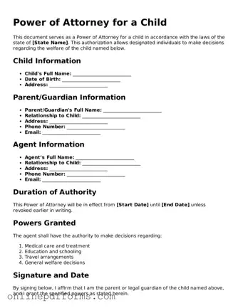 Legal Power of Attorney for a Child Form