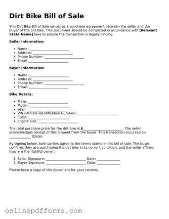 Legal Dirt Bike Bill of Sale Form