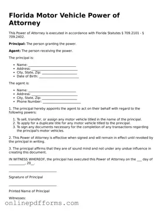 Blank Florida Motor Vehicle Power of Attorney Form