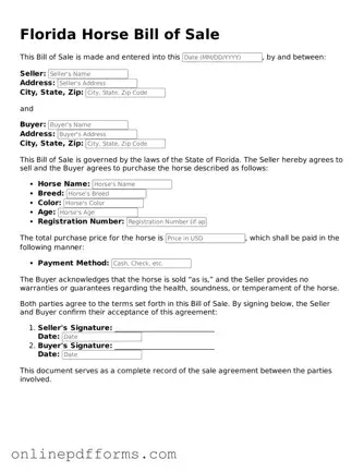 Blank Florida Horse Bill of Sale Form
