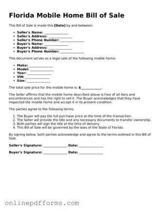 Blank Florida Mobile Home Bill of Sale Form