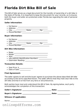 Blank Florida Dirt Bike Bill of Sale Form