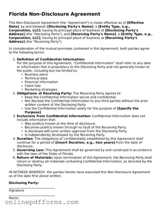 Blank Florida Non-disclosure Agreement Form