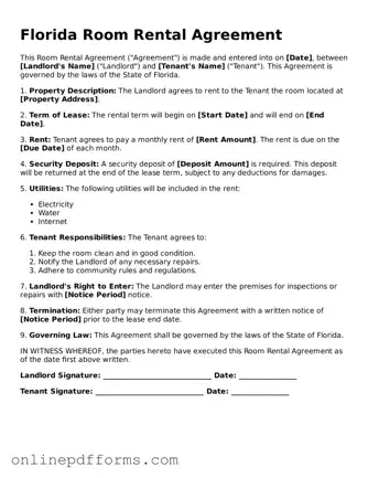 Blank Florida Room Rental Agreement Form