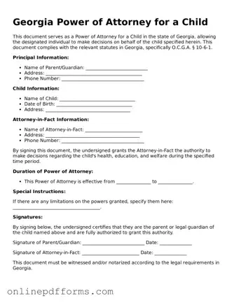 Blank Georgia Power of Attorney for a Child Form