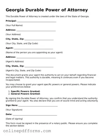 Blank Georgia Durable Power of Attorney Form