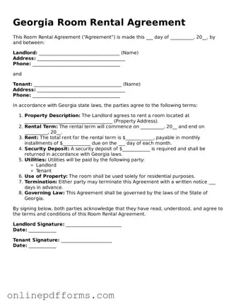 Blank Georgia Room Rental Agreement Form