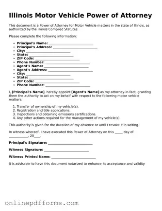 Blank Illinois Motor Vehicle Power of Attorney Form