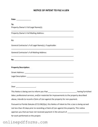 Fill in Your Intent To Lien Florida Template