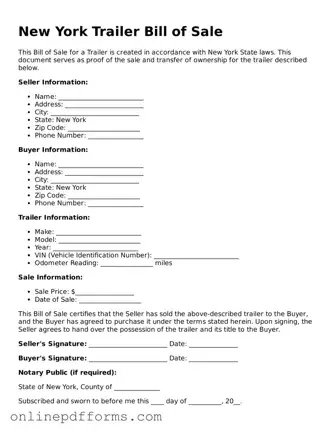 Blank New York Trailer Bill of Sale Form