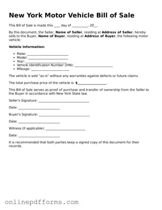 Blank New York Motor Vehicle Bill of Sale Form