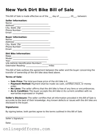 Blank New York Dirt Bike Bill of Sale Form