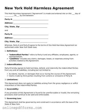 Blank New York Hold Harmless Agreement Form