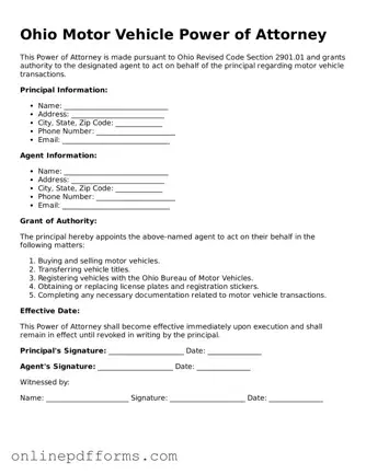 Blank Ohio Motor Vehicle Power of Attorney Form