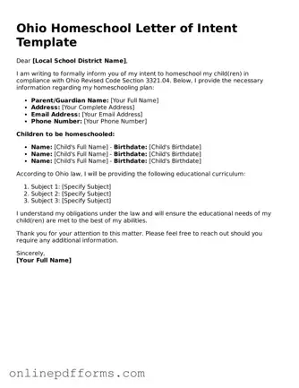 Blank Ohio Homeschool Letter of Intent Form