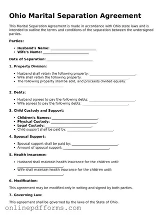 Blank Ohio Marital Separation Agreement Form