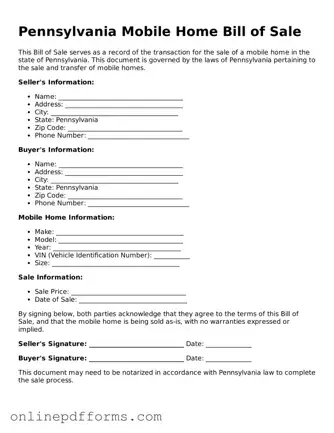 Blank Pennsylvania Mobile Home Bill of Sale Form