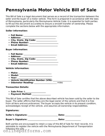 Blank Pennsylvania Motor Vehicle Bill of Sale Form