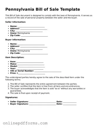 Blank Pennsylvania Bill of Sale Form