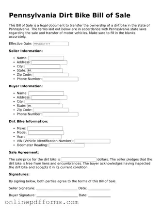 Blank Pennsylvania Dirt Bike Bill of Sale Form
