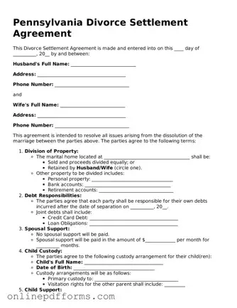 Blank Pennsylvania Divorce Settlement Agreement Form