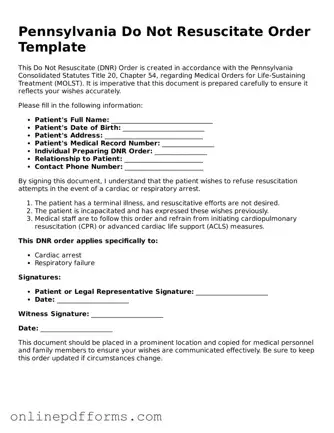 Blank Pennsylvania Do Not Resuscitate Order Form