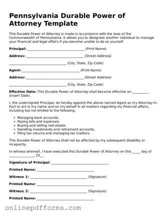 Blank Pennsylvania Durable Power of Attorney Form