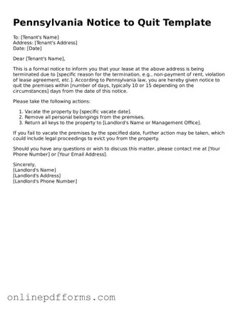 Blank Pennsylvania Notice to Quit Form