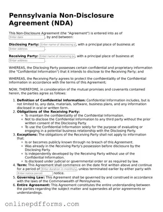 Blank Pennsylvania Non-disclosure Agreement Form