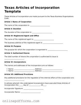 Blank Texas Articles of Incorporation Form
