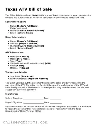 Blank Texas ATV Bill of Sale Form