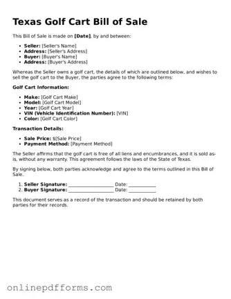 Blank Texas Golf Cart Bill of Sale Form