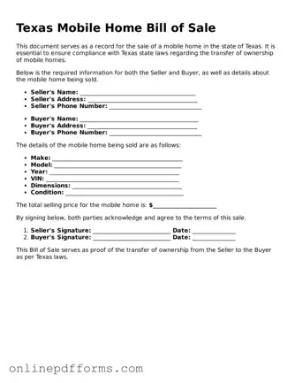 Blank Texas Mobile Home Bill of Sale Form