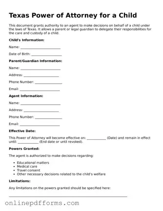 Blank Texas Power of Attorney for a Child Form
