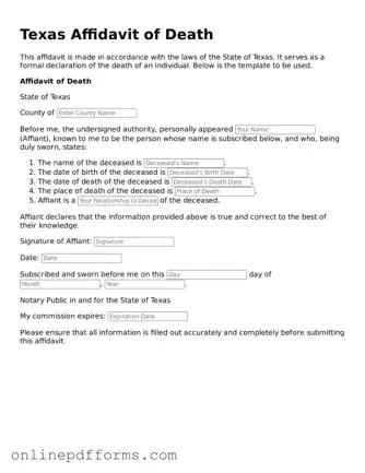 Blank Texas Affidavit of Death Form