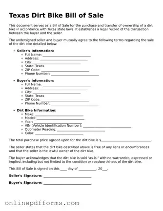 Blank Texas Dirt Bike Bill of Sale Form