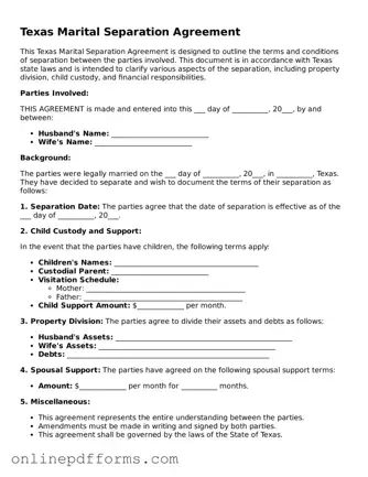 Blank Texas Marital Separation Agreement Form