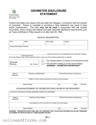 Fill in Your Texas Odometer Statement Template