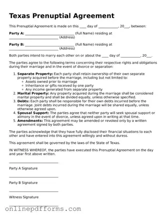 Blank Texas Prenuptial Agreement Form