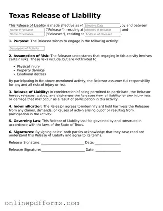 Blank Texas Release of Liability Form